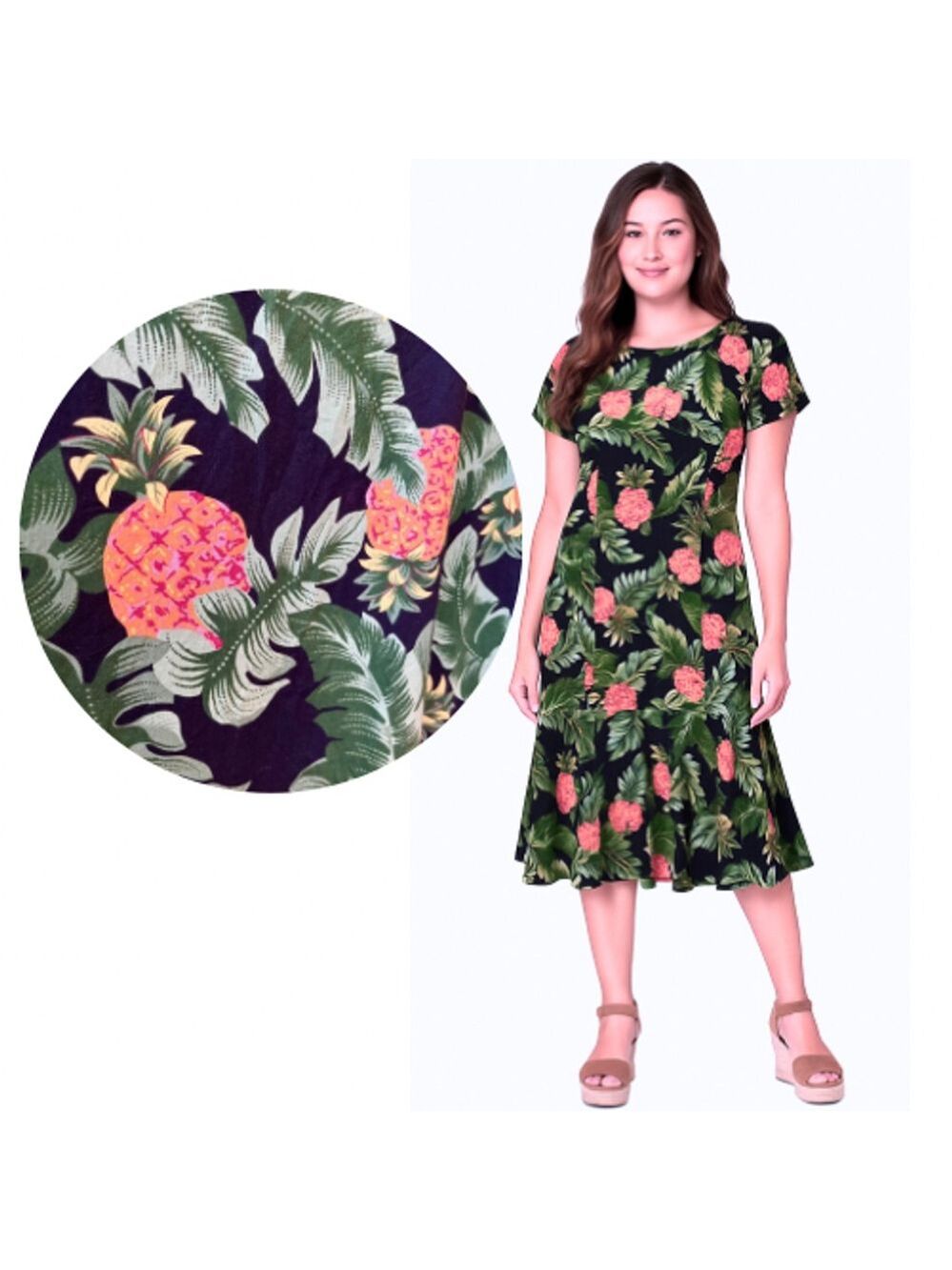 Vintage Hilo Hattie Pineapple Print Dress Large 100% Cotton Tropical Hawaiian, L